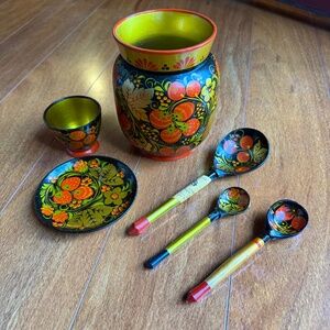 Vintage Russian Khokhloma Wooden Hand Painted Lacquer Set: Jar Cup Spoons Plate.